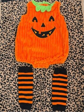 Orange Pumpkin Baby Costume Romper with Black Stripe Leg Warmers